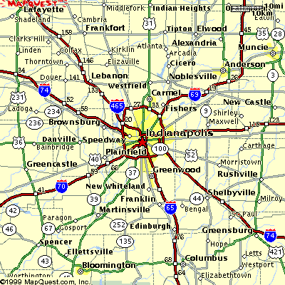 Map showing Bloomington and Indianapolis Indiana